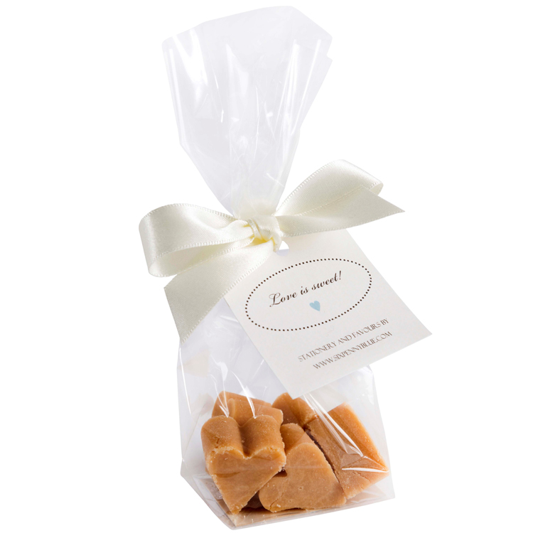 Clear bag of 5 Scottish tablet heart wedding favours